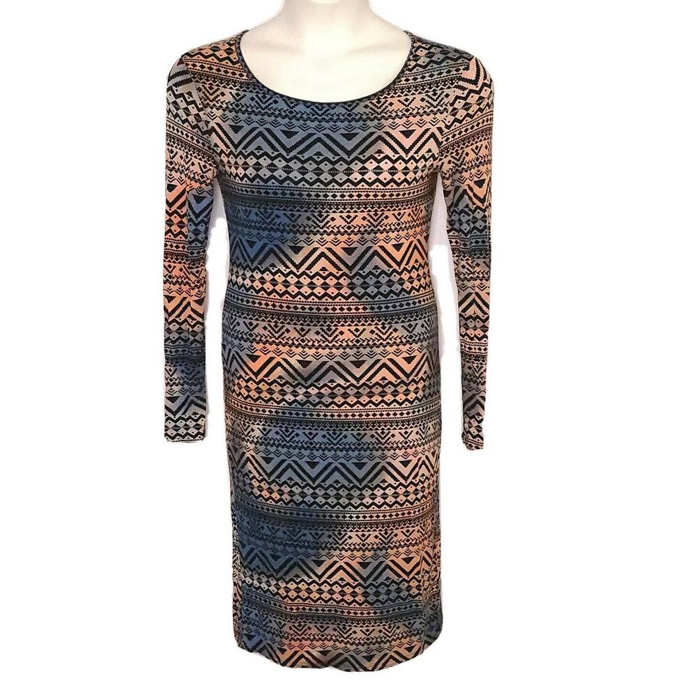 Topshop Tall Dress SZ 8 Tribal Bodycon Black Blue